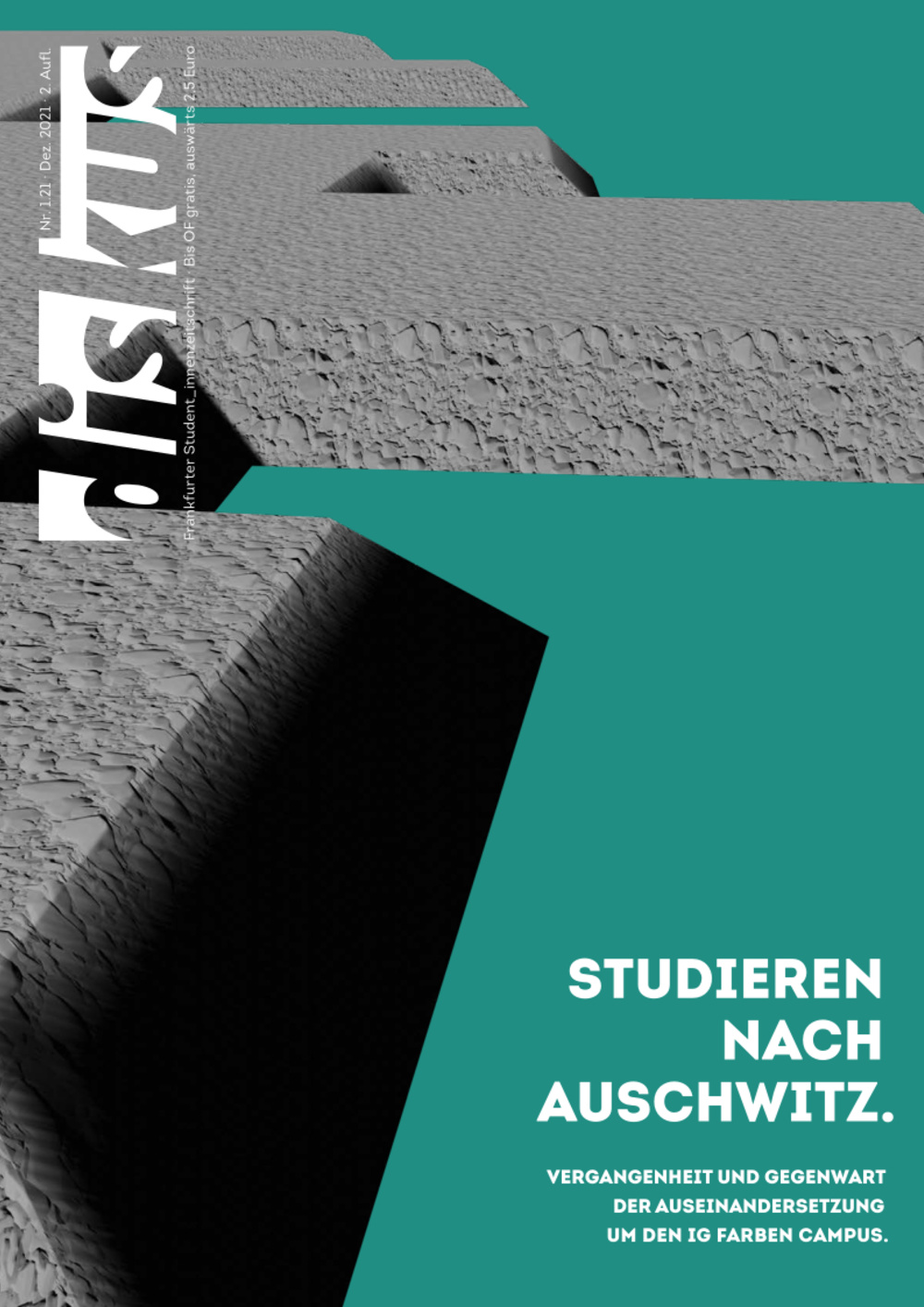 Cover der Ausgabe. Ein brutalistisch verfremdetes, graues IG Farben Gebäude vor grünem Hintergrund