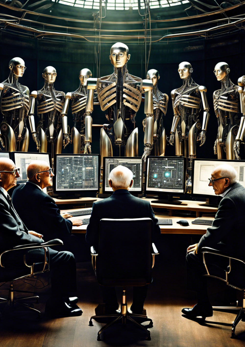KI-generiertes Bild: Prominente Denker der ersten Generation der Kritischen Theorie sitzen versammelt vor mehreren Bildschirmen, über denen eine Schar von Robotern aufgereiht ist.